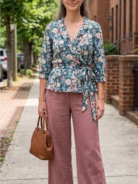 LOFT Green Floral Wrap Blouse